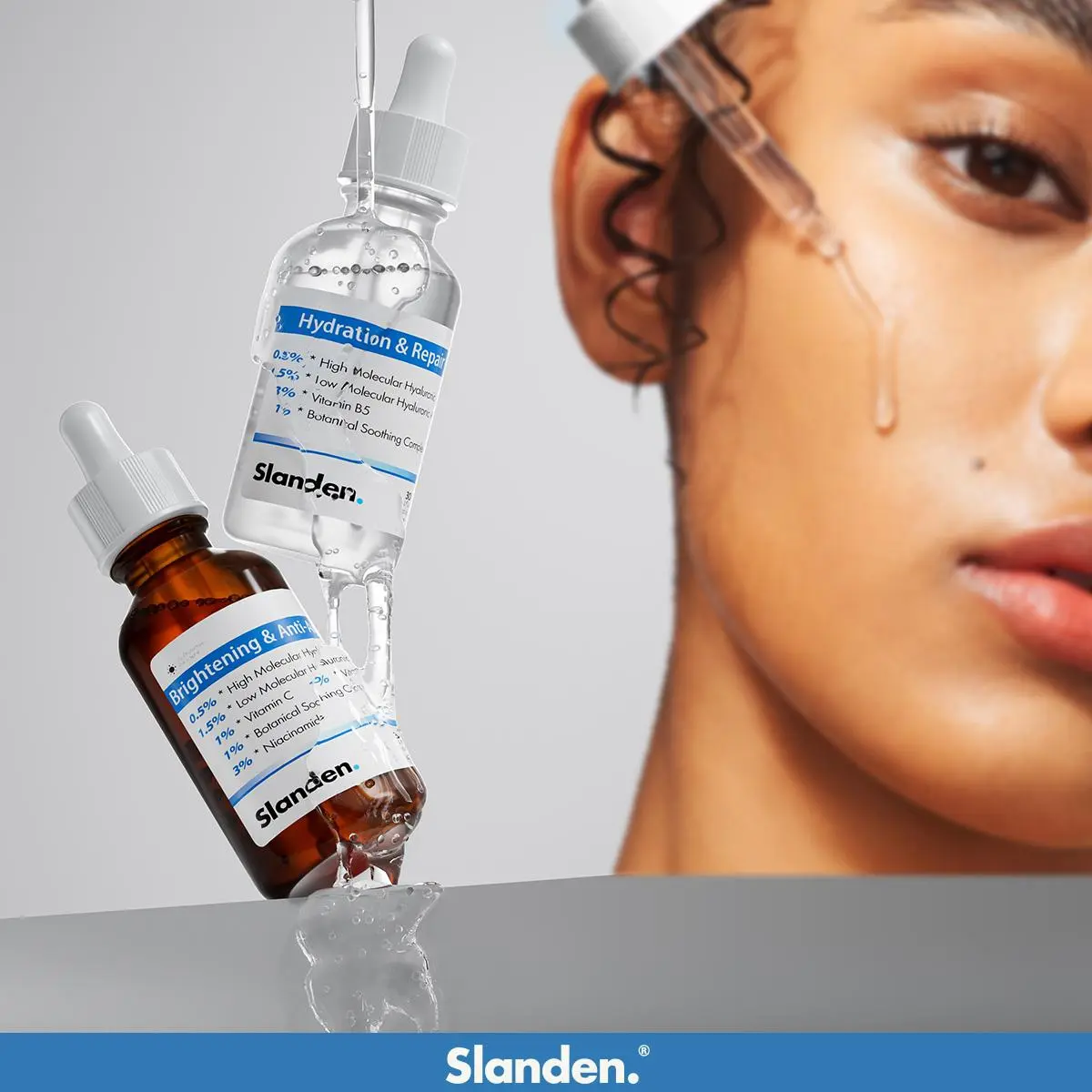 Slanden Face Serum Solution: Brighten & Renew. Deeply hydrate. Fade dark spots. Combat acne. Soothe skin. Repair damage. Reduce wrinkles. Firm skin. Smooth lines. Strengthen barrier. Tighten pores. Enhance glow. Skincare Comfort Skin Repair