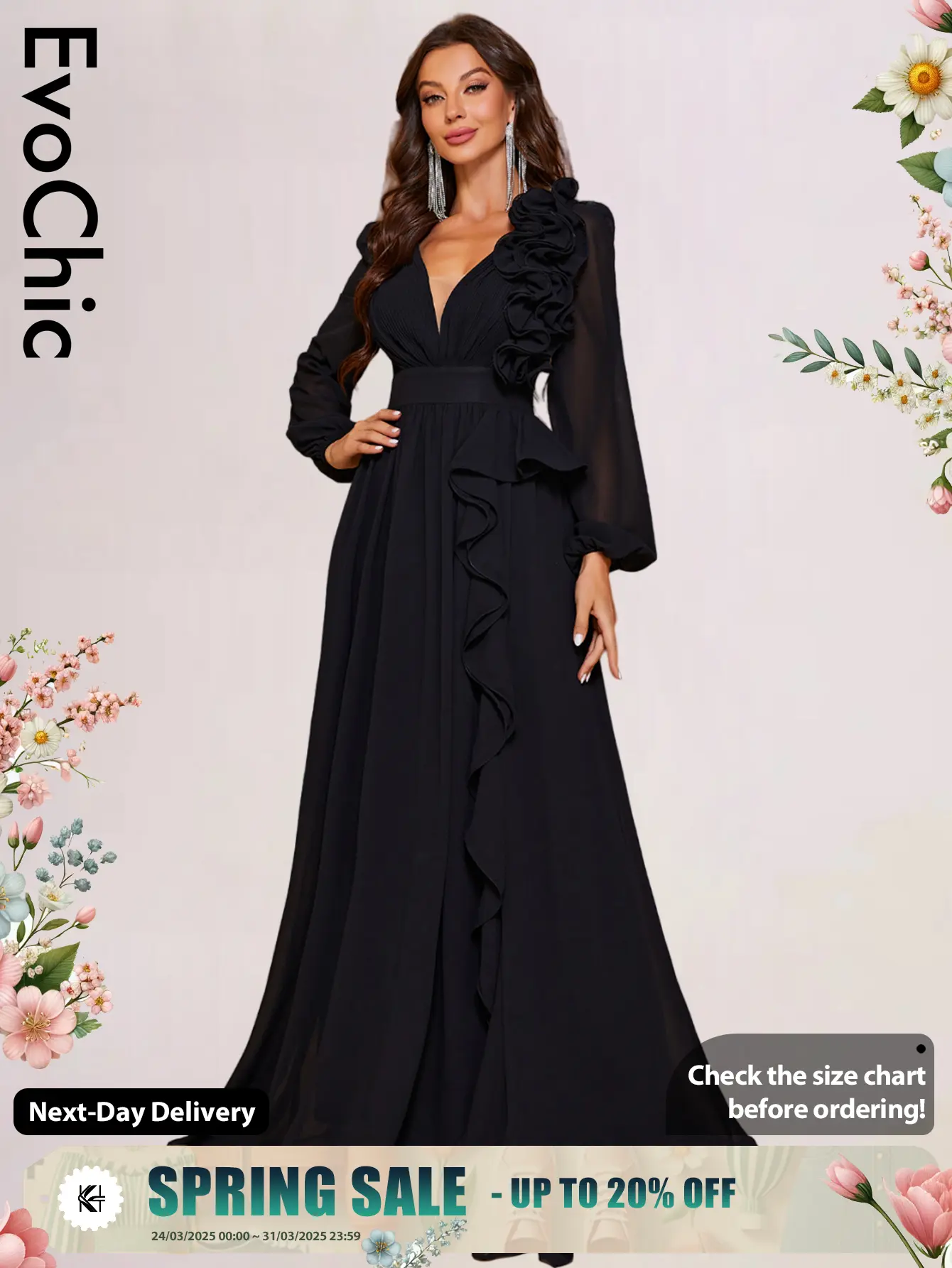 EvoChic UK Neck Ruffle Trim Lantern Sleeve Dress,Dress in Club for Women,wedding dress,Long Sleeve Round Neck Long Black Ladies Dresses,empire waist dress,evening dress,drop waist dress,Modest Evening Wear,Women's Dresses