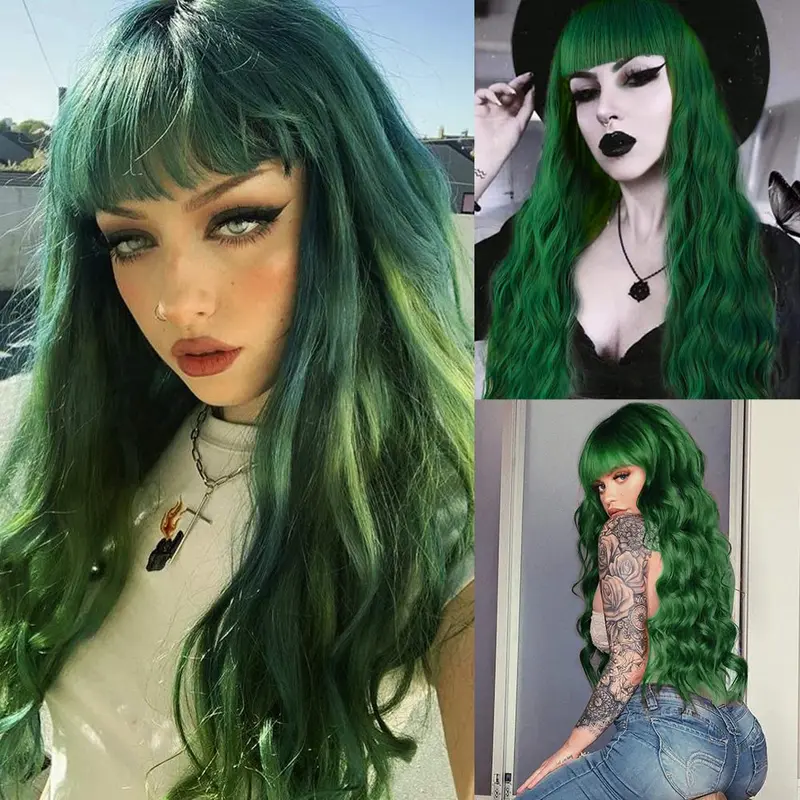 Craigs bits and bobs Sallcks Womens Long Curly Wavy Green Wig with Bangs Synthetid Heat Resistant Halloween Cosplay Costume Wigs 5