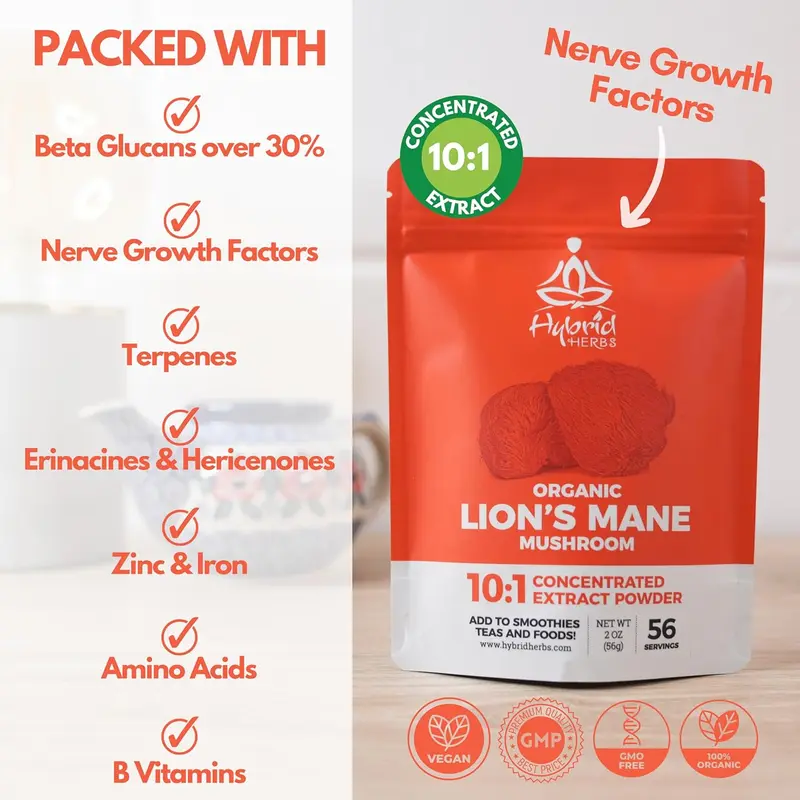 HYBRID HERBS – Organic Lions Mane Mushroom Powder 10X Strength - Nootropic Brain Supplement for Focus Memory & Concentration | Lion’s Mane HIGH Potency 10:1 Extract - 56 Serving (56g) 1
