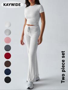 Women's Solid Short Sleeve Two-piece Set, Casual Tracksuit, Round Neck Crop Tee & Drawstring High Waist Trousers, Matching Sets, Stretchy Suit Set, Yoga Tracksuit Set, Fitness Clothes, Yoga Gym Activewear