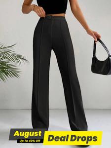 Women's Plain High Waist Straight Leg Pants, Chic Casual Fashion Comfy Fitted Zipper Button Trousers for Daily Wear, Pants for Women, Ladies Bottoms for All Seasons, Casual Sporty Trousers, Womenswear, Casual Lounge Pants, Casual Minimalist Trousers