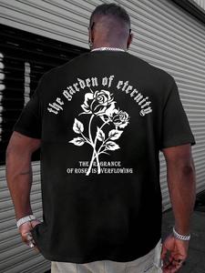Men's Letter & Rose Print Short Sleeve Tee, Loose Casual Crew Neck T-shirt for Summer, Fashion Men's Top for Daily Wear