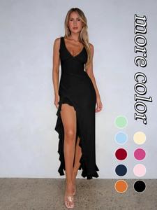 Women's Plain  Ruffle Trim Tank Dress, Solid Sleeveless Split Hem Long Dress for Party Club Dating Wear, Ladies Summer Clothes