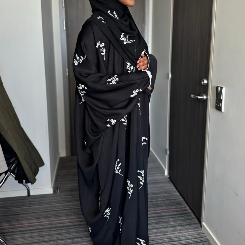 ABAYATOPIA Gulnaaz Black Embroidered Closed Butterfly Abaya with Internal Belt and Matching Hijab 6