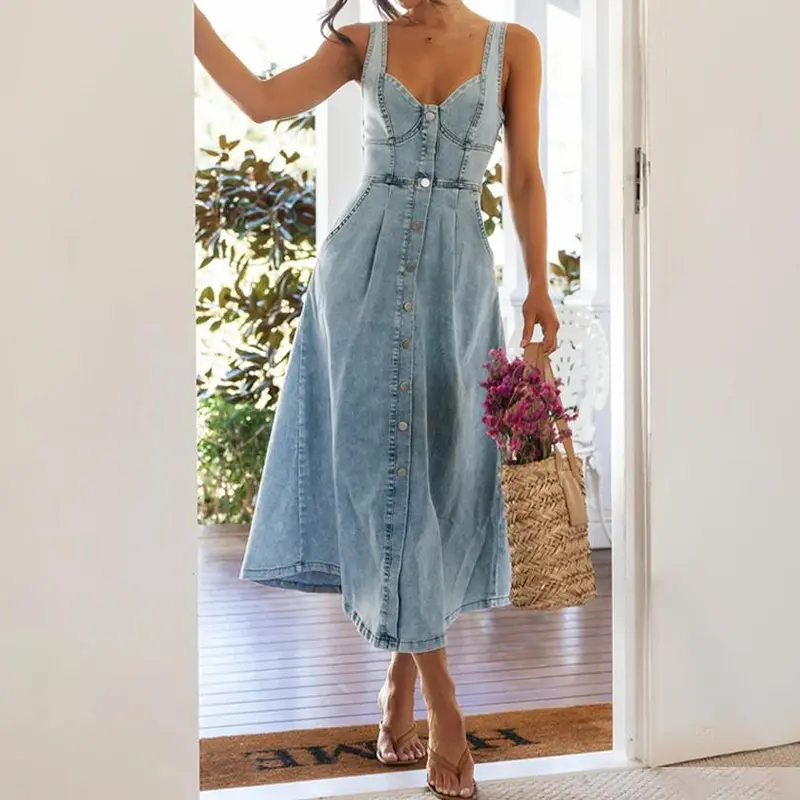 Women Dress Denim Long Dresses Sling Sleeveless V Neck Elegant Splice Single Breasted Slim Fit High Waist Backless Vestidos 3