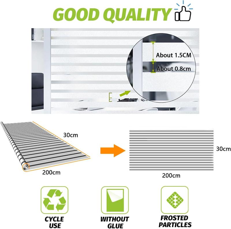 Product Introduction of Window Film Privacy Self Adhesive Frosted Window Sticker Reusable No Glue Film Stripe Vinyl Static Cling Door Glass Covering for Living Room Office 30×200cm 1