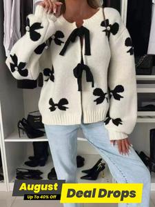 Women's Bow Print Tie Front Drop Shoulder Cardigan, Casual Long Sleeve Knit Outerwear for Fall & Winter, Fashion Ladies' Knitwear for Daily Wear