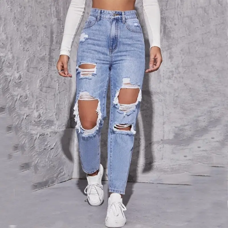 Ripped jeans women's trendy washed ripped high waist straight trousers Casual Womenswear Bottom Day Pants Comfort Denim Streetwear Basic Blue Fitted Minimalist