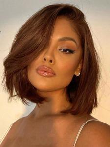 10/12/14 Inch Chocolate Brown Short Bob Wigs for Women, Gorgeous Fluffy Wigs with Blunt Bangs, Human Hair Wigs for Party, Daily Use