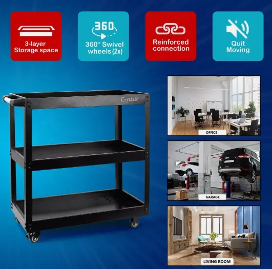 Tool Storage Heavy Duty Garage Trolley Workshop 3 Tier Wheel Cart DIY Black UK 2