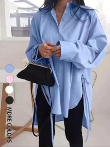 【Plus Size】Solid Color Asymmetrical Hem Shirt, Casual Long Sleeve Top for Summer, Women's Clothes for Daily Wear