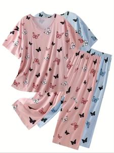 【Plus Size】 Butterfly Print Tee & Pants Loungewear Set, Casual Comfy Round Neck Short Sleeve T-shirt & Trousers PJ Set, Women's Sleepwear for All Seasons
