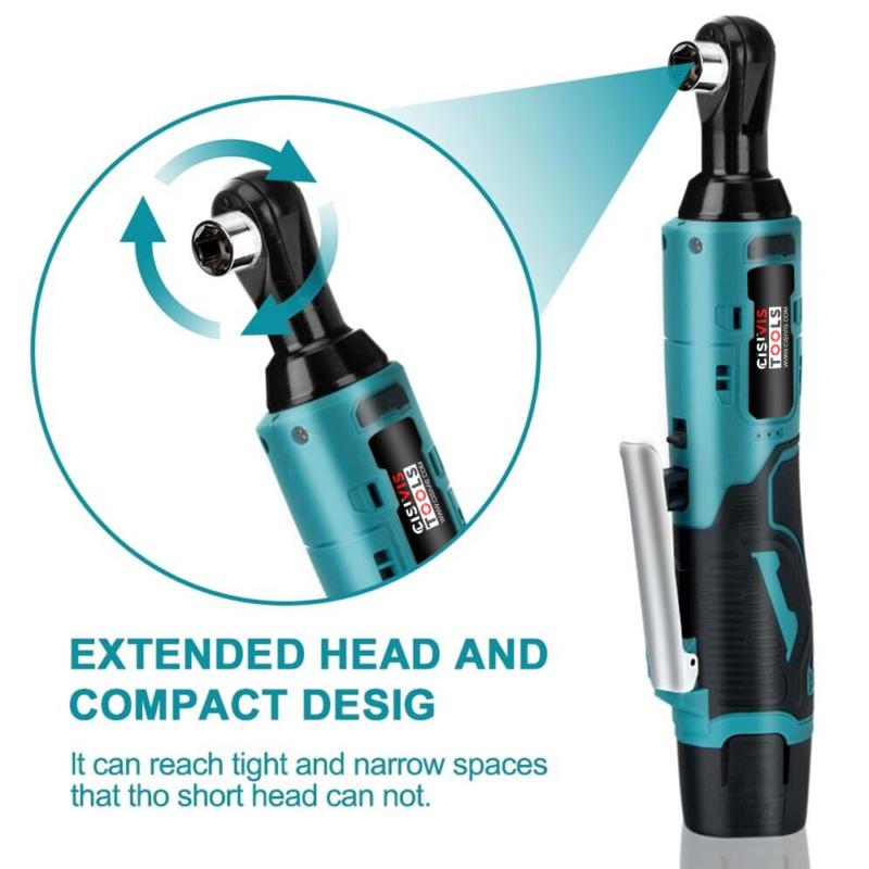100Nm Electric Cordless Right Ratchet 3/8" 90 °   Angle Wrench 2 Battery DIY Tool 7