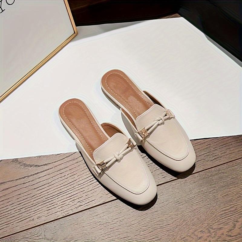 Elegant Beige Slip-On Mules for Women - Casual Square Toe Flat Sandals with Braided Detail, Breathable Faux Cover, Versatile All-Season Footwear 6