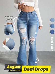 Women's Flare Leg Ripped Frayed Denim Jeans, Casual Fit Basic Comfy High Waist Bell Bottom Trousers for Daily Wear, Ladies Bottoms for All Seasons, Womenswear, Flared Pants, High Waisted Ripped Trousers for Women, Distressed Ripped Stretch Jeans