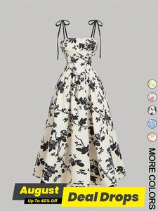 Women's Floral Print Tie Shoulder Cami Dress, Fashion Casual Sleeveless Spaghetti Strap Dress for Daily Outdoor Wear, Women Dress for Summer, Elegant Party Dress, Elegant Formal Dress
