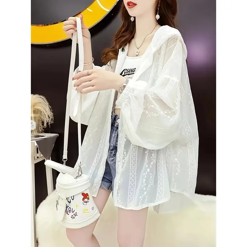 Women's Lightweight Lace Hooded UV Protection Cardigan - Summer Fashion, Breathable Polyester Blend, Sheer White with Floral Patterns 4