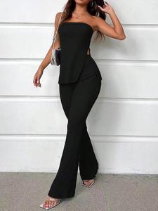 Two-Piece Set Women's Solid Split Hem Tube Top & High Waist Pants Set, Elegant Fashion Casual Two Piece Outfits for Daily Outdoor Wear, Ladies Clothes for Summer