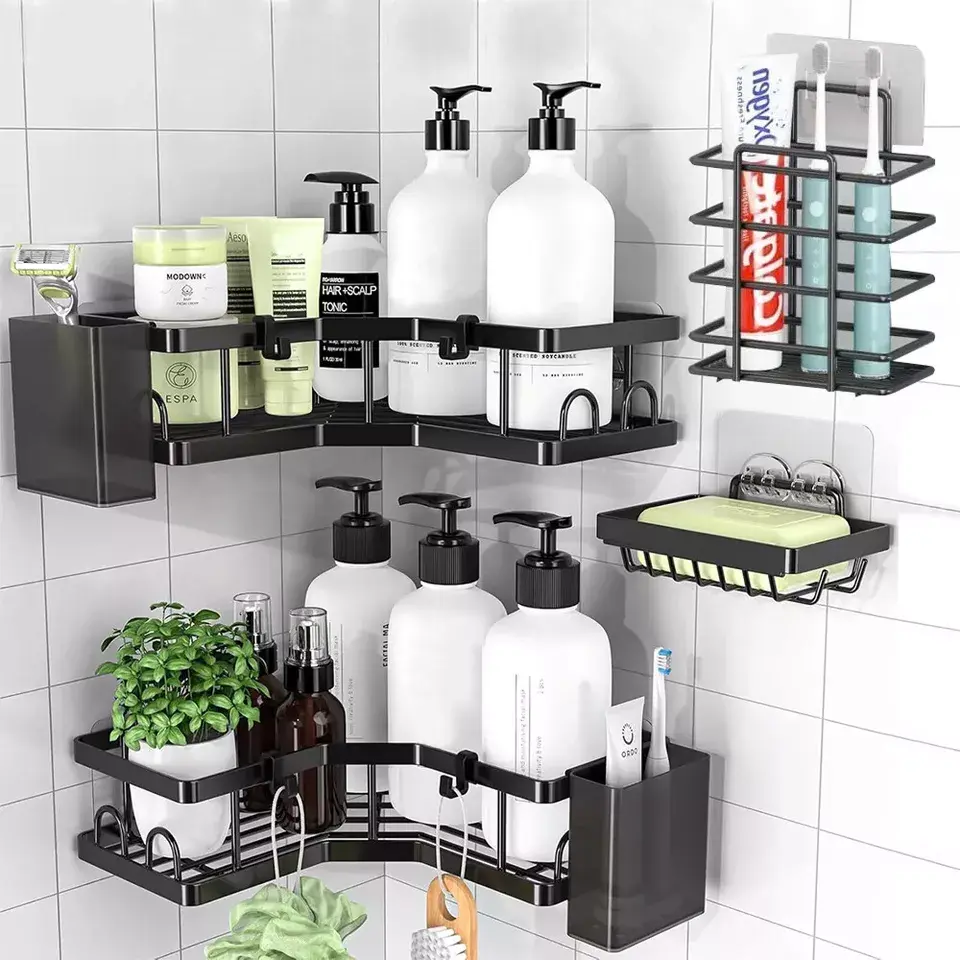 3-Layer Metal Corner Shower Caddy 3-Pack - No-Drill Rustproof Bath Organiser with Soap Holder & Hooks Bath Metal Organiser Rack Smooth Tool Wall Transparent