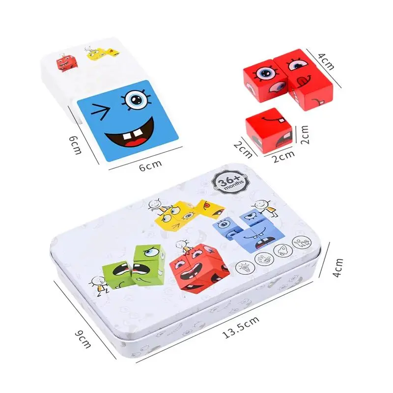 Cube Face Change Building Blocks Board Game Wood Puzzle Montessori Expression Wooden Blocks Blocos For Children Kids Toys Gift 3