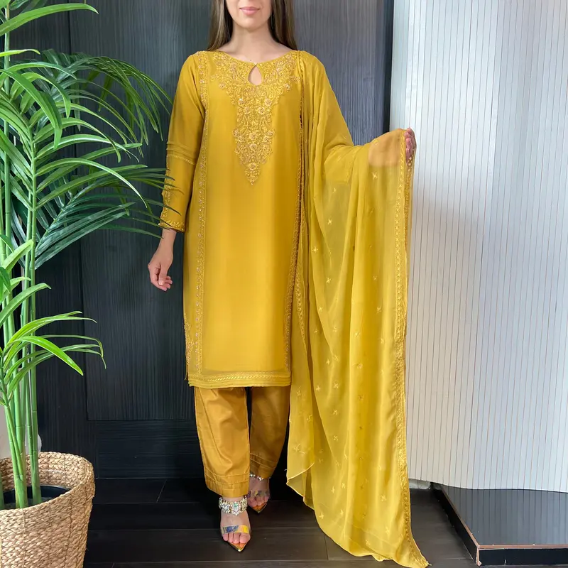 Mustard Hand Embroidered Chiffon Suit 0
