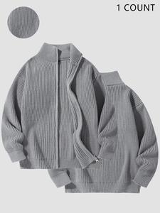 Men's Solid Drop Shoulder Zip Up Cardigan, Regular Fit Casual Long Sleeve Funnel Neck Knitwear for Fall & Winter, Men's Knit Clothing for Daily Wear