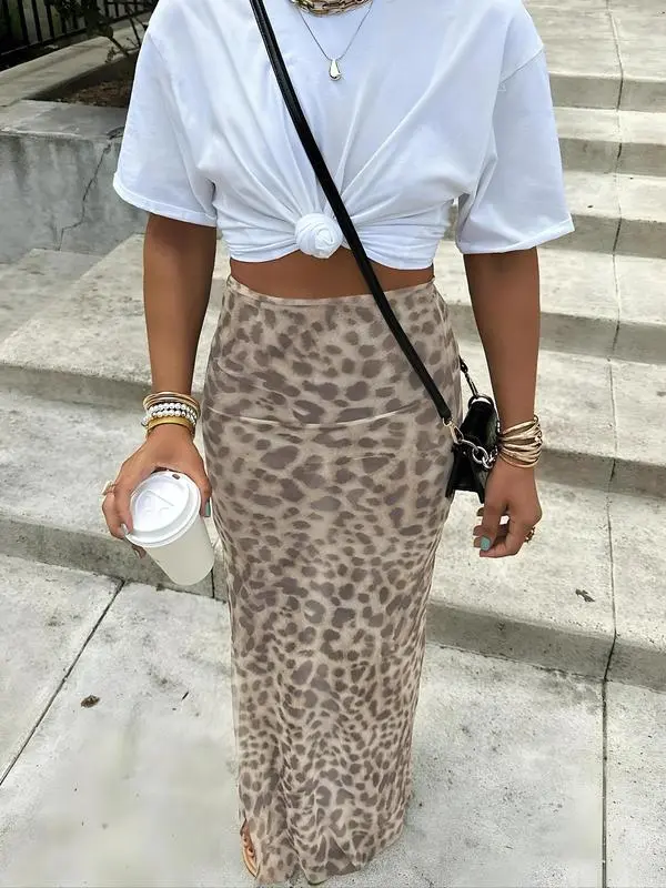 Women's Leopard Print High Waist Bodycon Skirt, Fashion Casual Long Skirt for Daily Outdoor Wear, Ladies Bottoms for Summer 4
