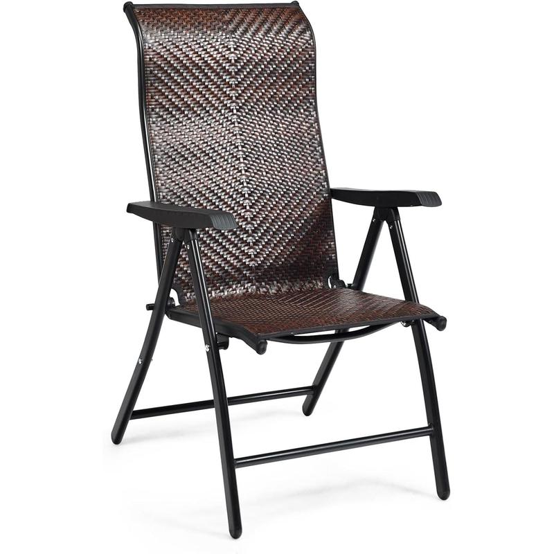 Set of 2 Patio Rattan Folding Chair, 5-Position Adjustable Outdoor Wicker Dining Seat with Widened Armrest,High Backrest and Anti-slip Pads for Garden Picnic Camping (1) 0