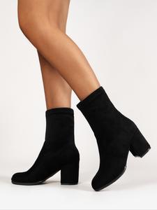 Fashionable Autumn Outfits Solid Thick High Heel Comfort Boots for Outfits, Elegant Style Round Toe Mid-calf Signal Black Boots for Girl, Trendy Sock Boots for Bridal, Autumn Winter Outfit, Going Out Outfits, Foot Wear