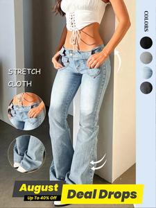 NVfelix Women's Vintage Inspired Stretch Bootcut Jeans - Low Rise, Double Button Closure with Flap Pockets, Bottoms