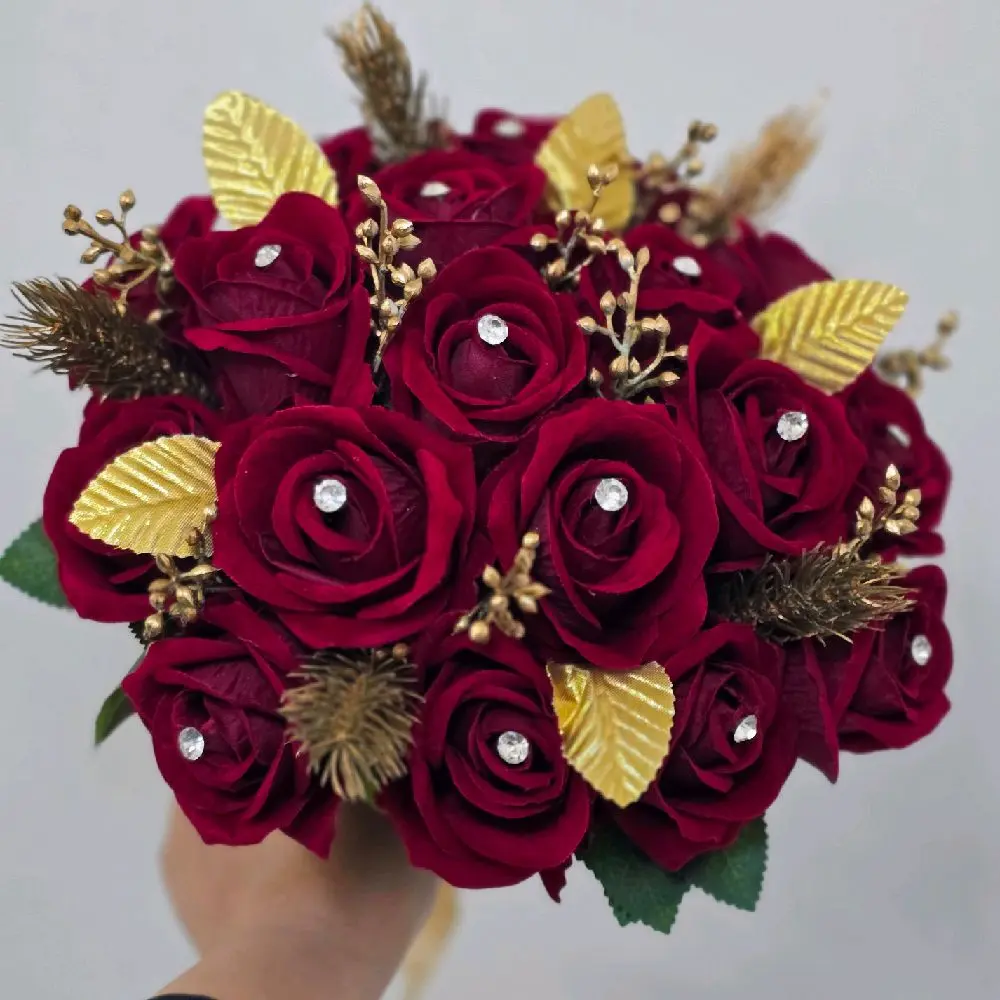 Bespoke Velvet Rose Bridal Bouquet with Diamante Crystal and Golden Foliage - Decor, Wedding, Decorative, Keepsake, Velvet, Elegant, Satin, Silk,