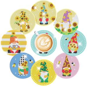 Gnome Pattern Coffee Coaster, 8 Counts/set DIY Diamond Arts Colorful Painting Kit Coaster, DIY Decorative Craft for Home Office Desk