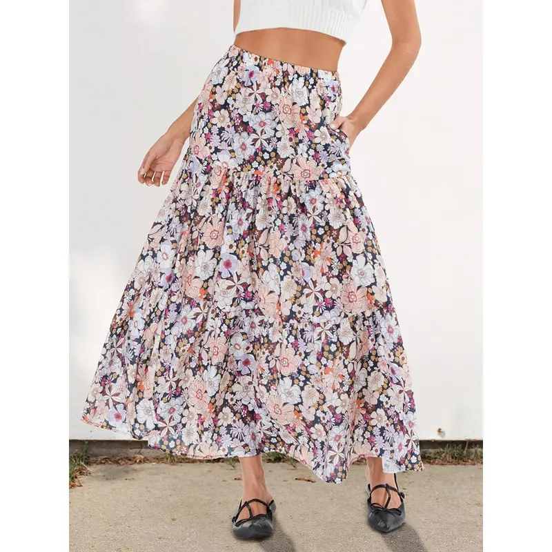 Women Floral Long Skirts High Waist Flowy Slit Skirt Summer Bohemian Skirt for Casual Daily Holiday 8
