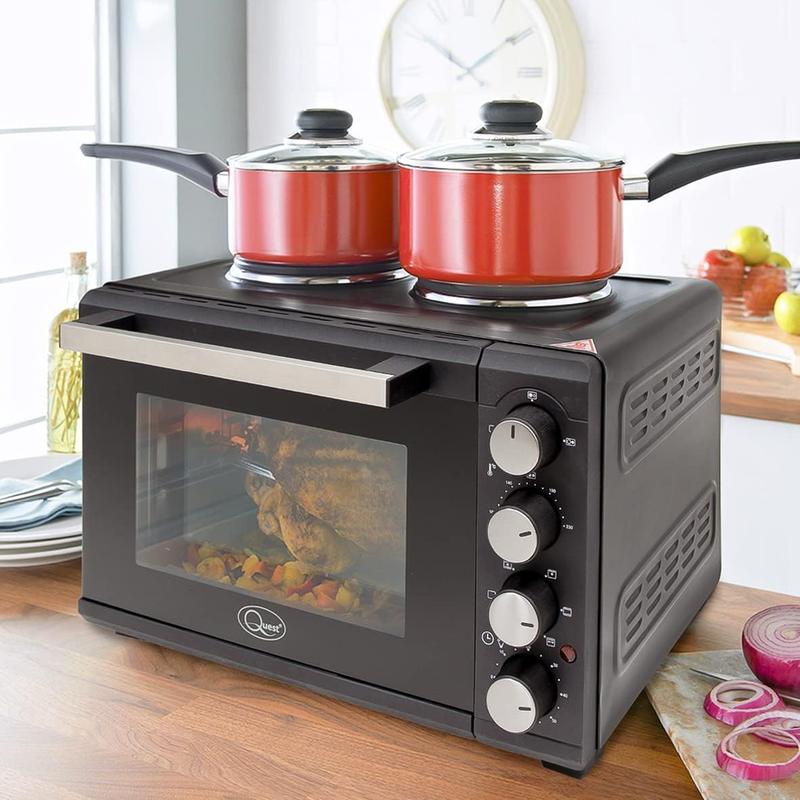 Quest 35379 26L Twin Hob Countertop Rotisserie and Convection Mini Oven/Adjustable Temperature/Accessories Included / 60 Mins Timer & Auto Shut Off with Bell 1