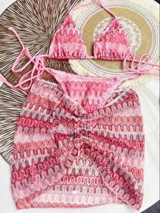 Three-piece Set Women's Bikini Set, Casual Halter Neck Tie Back Swim Top & Swim Bottom & Cover Up Skirt Set, Ladies Swimsuit for Swimming Beach Holiday Vacation, Summer Swimsuit Set