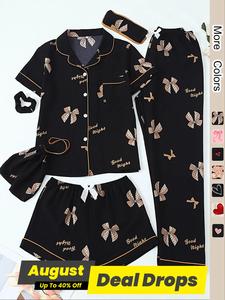 Women's All Over Print Top & Shorts & Pants & Accessories Pyjama Set, Casual Comfy Pj Set, Ladies Sleepwear for All Seasons, Night Sleep Set, Pajamas, Pyjamas for Women, Loungewear, Womenswear, Nightwear Loungewear Set, Summer Sleepwear