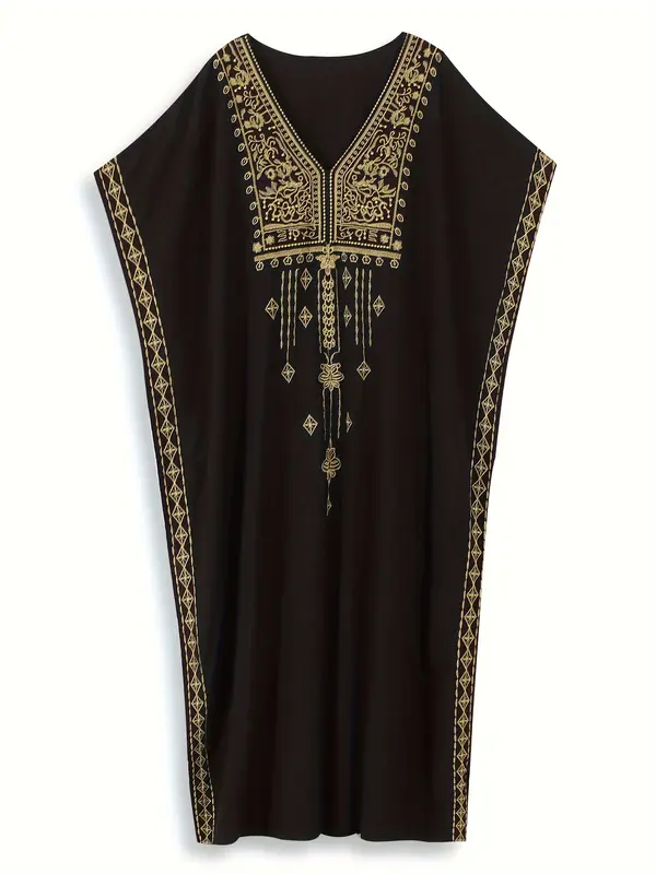 EDOLYNSA Plus Size Women's Middle Eastern-Inspired Casual Short Sleeve Batwing Sleeve V-Neck Split Hem Maxi Kaftan Dress - Lightweight Beach Dress for Spring Summer Fall, Hand Wash Only, Vacation Outfit, Loose Fit, Flowy Material, Vacation Wardrobe 6
