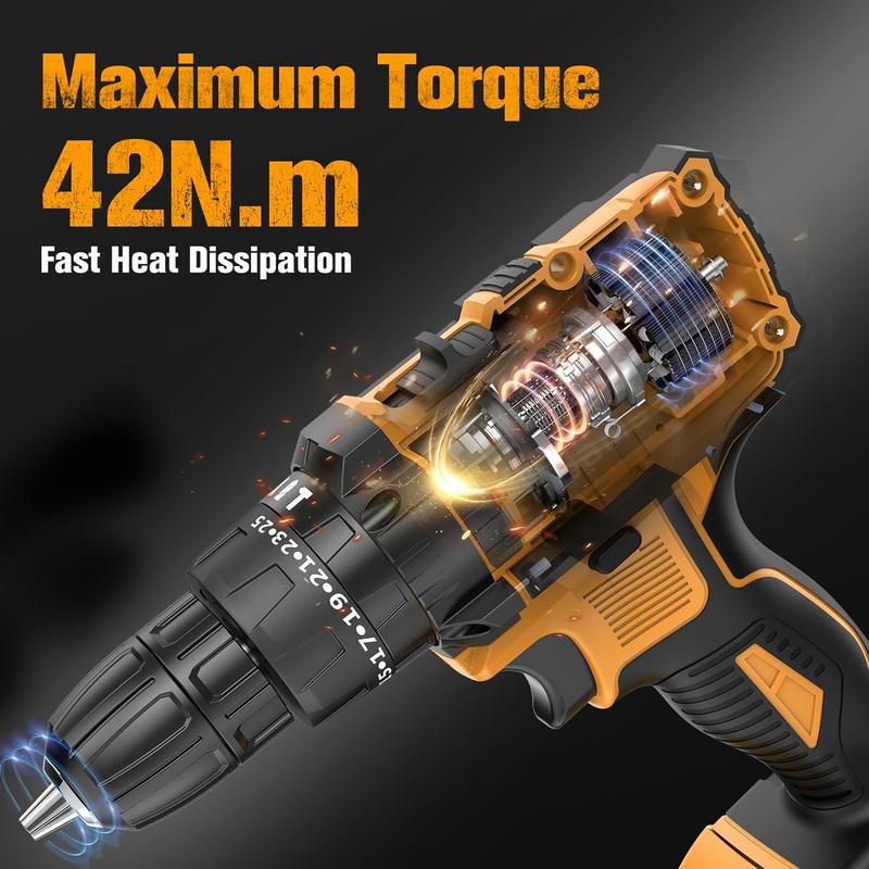 JYGMPRO Cordless Drill Driver 21V, Hammer Drill with 2 Batteries 2000mAh, 25+3 Torque, 42N.m Max Electric Drill, 30PCS Drill Bits, 2 Speed, LED Light for Home and Garden DIY Project 4