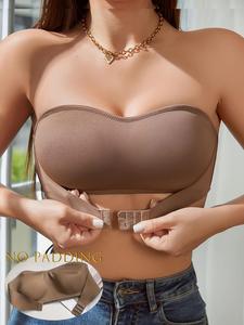Solid Wireless Bandeau Bra, Front Buckle Strapless Seamless Bra, Minimalist Women's Lingerie & Underwear, Casual Comfy Lingerie for All Seasons, Fawn Brown Straplessbra, Womens Clothes, Adjustable Wireless Bra, Wirefree Bra, Wireless Backless Bra