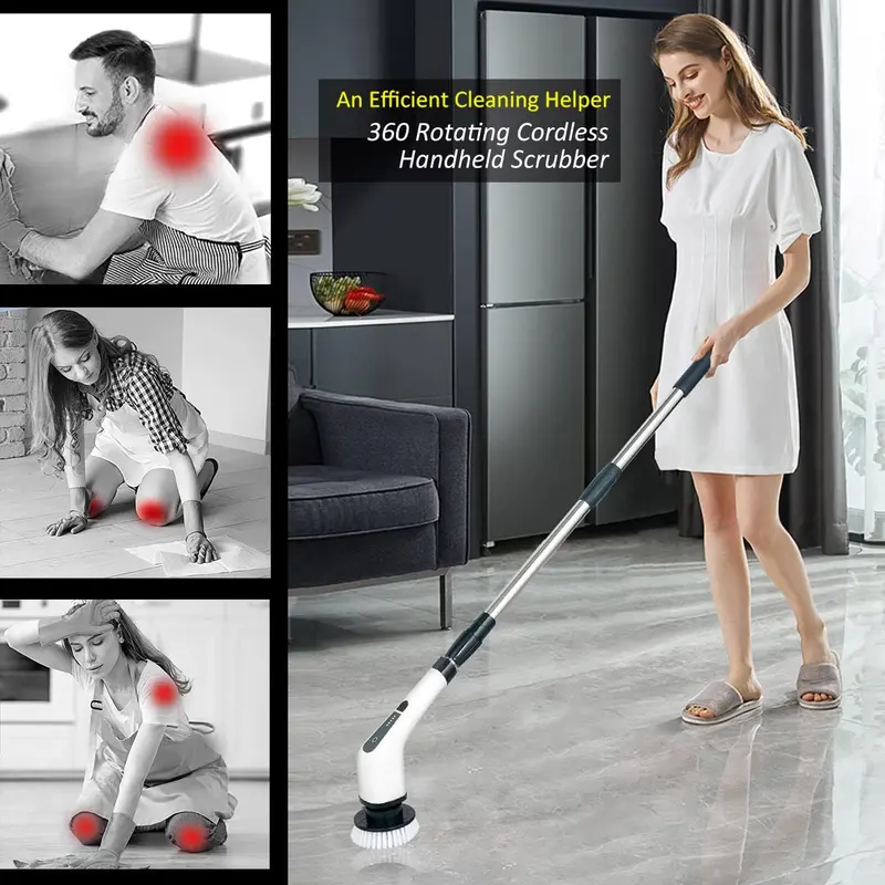 Electric Spin Cordless Tub and Tile Scrubber, 3 Speed 7 Replaceable Nylon Brush Heads, Power Spin Scrubber for Bathroom, Floor, Car, Kitchen, Wall, Glass 7