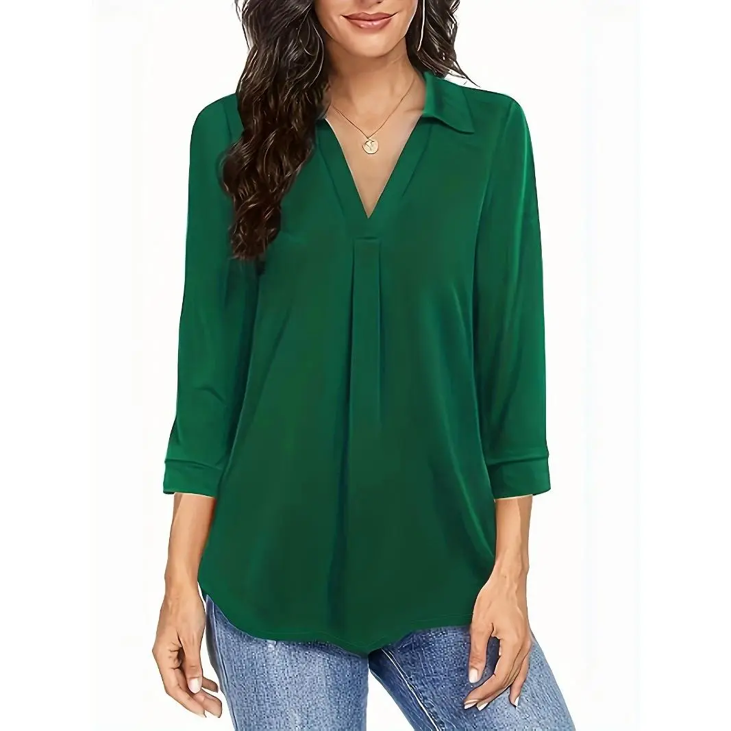 Plus Size Solid Color Blouse, Casual V Neck 3/4 Sleeve Blouse for Spring & Fall, Women's Plus Size Clothing