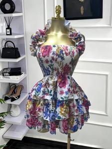 PULKRITU Elegant Women Sweet Sexy Club Party Outfit Dress, Women's Floral Print Backless Strapless Layered Ruffle Mini Prom Dress, Backless Evening Dress,Lady Casual Dresses,Female Brunch Dresses,Graduation Dress,Womenswear