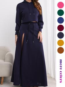 Women's Solid Drawstring Hoodie & Split Thigh Skirt Set, Elegance Long Sleeve Top & Pocket Long Skirt, Casual Fashion Cozy Co-ord Set, Women Clothes, Fall outfit, Womenswear