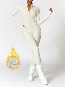 Women's Solid Zip Up Skiing Jumpsuit, Casual Sporty Long Sleeve Jumpsuit for Skiing Cycling, Gym Tops, Ladies Sportswear for Fall & Winter,  Jumpsuit for Women