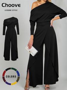 Women's Plain Ruched Wrap Split Hem Jumpsuit, Elegant Wide Leg Jumpsuit for Dating Daily Wear, Ladies Clothes for All Seasons