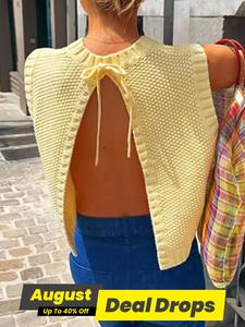 Women's Solid Split Tie Back Sweater Vest, Casual Round Neck Sleeveless Knit Top for Spring & Fall, Fashion Aesthetic Women's Knitwear for Daily Wear, Womenswear