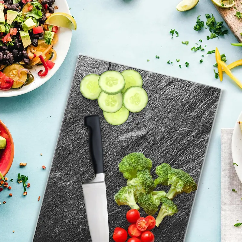 Set of 2 Glass Chopping Boards - 2pcs Universal Hob Cover Worktop Savers for Induction, Ceramic & Electric Stove - Non-Slip Tempered Glass Cutting Board - Black Slate Marble Kitchen Knives 1