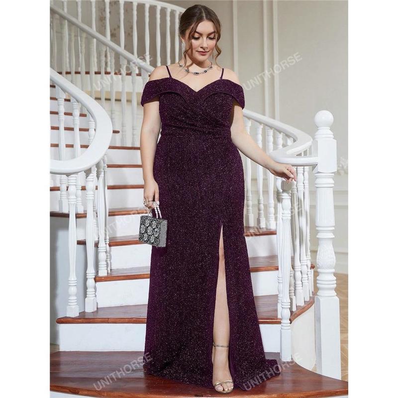 Sequin Thigh Split Shoulder Plus Cold Formal Dress 0
