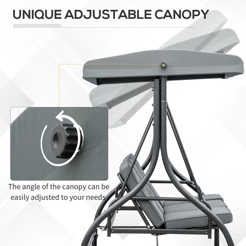 3 Seater Canopy Swing Chair, 2 in 1 Garden Swing Seat Bed, with Adjustable Canopy and Metal Frame, Dark Grey 4